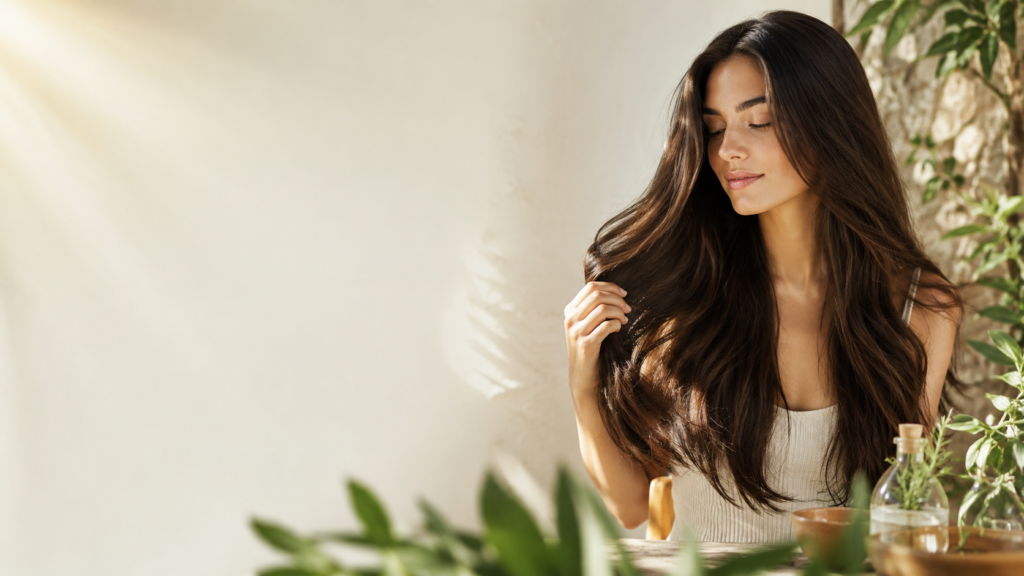 “Woman with shiny healthy hair after following a weekly hair care routine”
