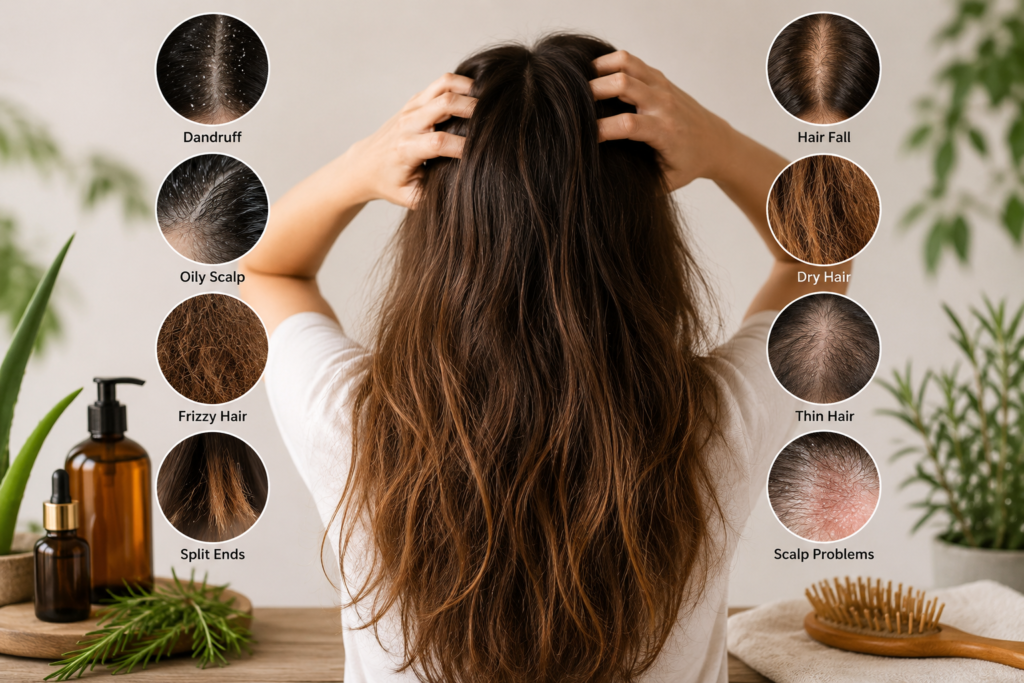 Common hair and scalp problems including hair fall dandruff and dry hair